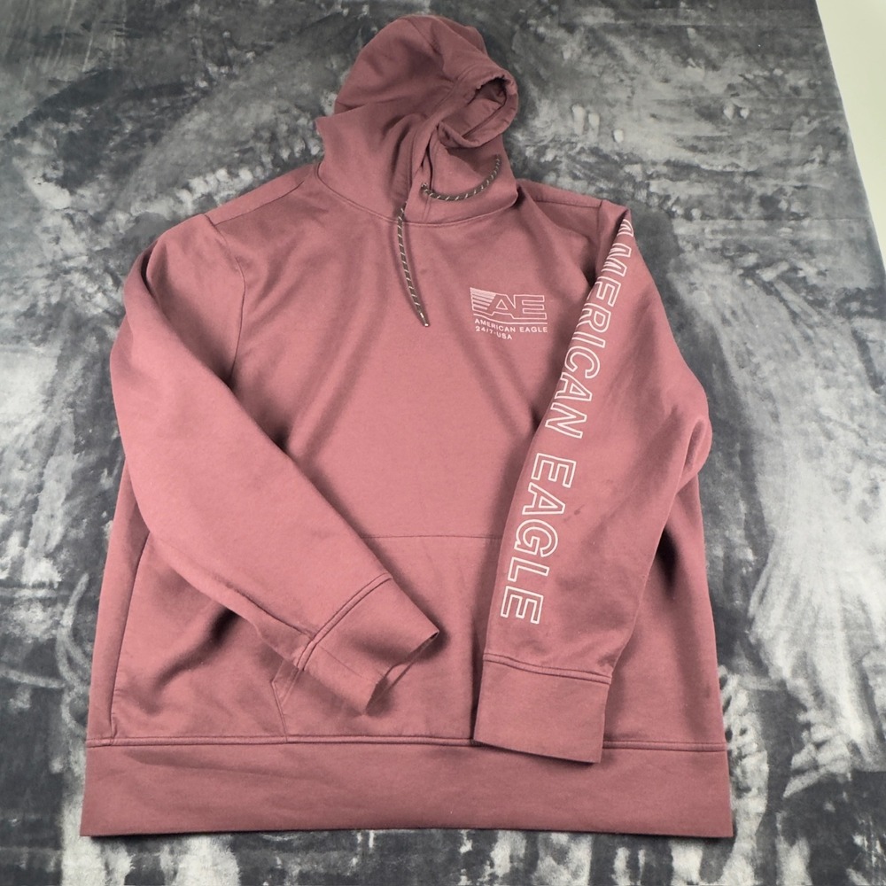 American‎ Eagle Hoodie Mens XL Mauve 24/7-USA Sleeve Graphic Pullover Sweatshirt